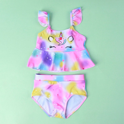 Lányok fürdőruha Gyerek fodros Strand fürdőruha Baba Születésnapi Strandruha Gyermek Úszó 2 részes szett Unicorn fürdőruha 3-8 éves korig
