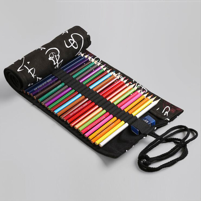 Iskolai tolltartó Hordozható tekercs tolltartó nagy nagy, aranyos vászon fekete tolltartó lányoknak fiú írószer tasak 36.12.24.