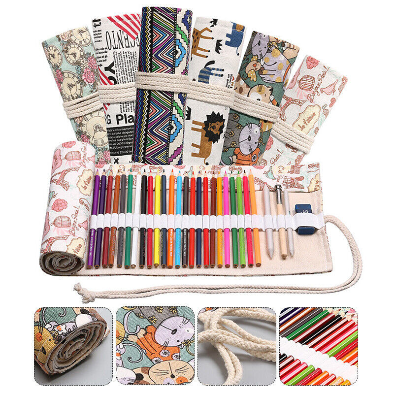 Virágnyomat vászon Nagy kapacitású tollfüggöny 12 lyukú aranyos rajzfilm macska férfi női színes ceruzatáska iskolai kellékekhez