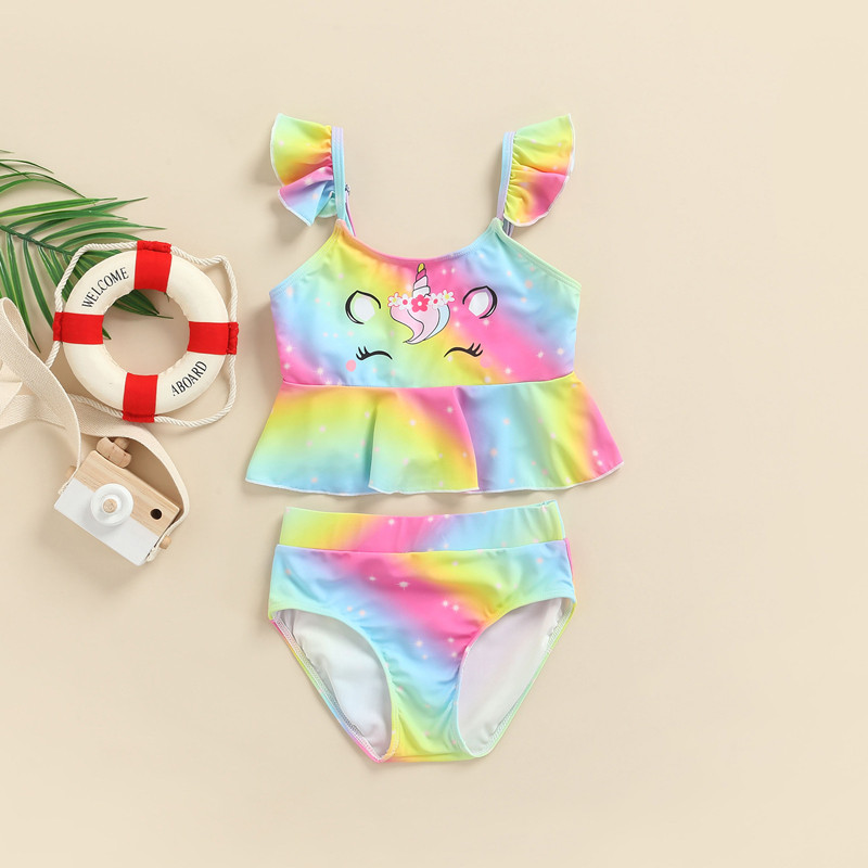 Gyerek lányok nyári fürdőruhák 2 részes gyerek rajzfilm állatmintás fodros rövid ujjú felsők nadrággal fürdőruha fürdőruha