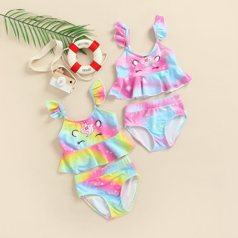 Gyerek lányok nyári fürdőruhák 2 részes gyerek rajzfilm állatmintás fodros rövid ujjú felsők nadrággal fürdőruha fürdőruha
