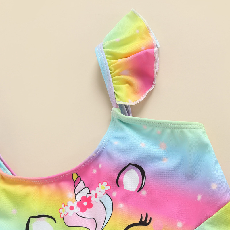 Gyerek lányok nyári fürdőruhák 2 részes gyerek rajzfilm állatmintás fodros rövid ujjú felsők nadrággal fürdőruha fürdőruha