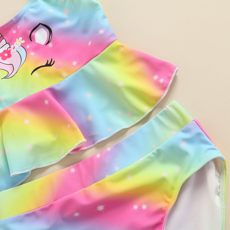 Gyerek lányok nyári fürdőruhák 2 részes gyerek rajzfilm állatmintás fodros rövid ujjú felsők nadrággal fürdőruha fürdőruha