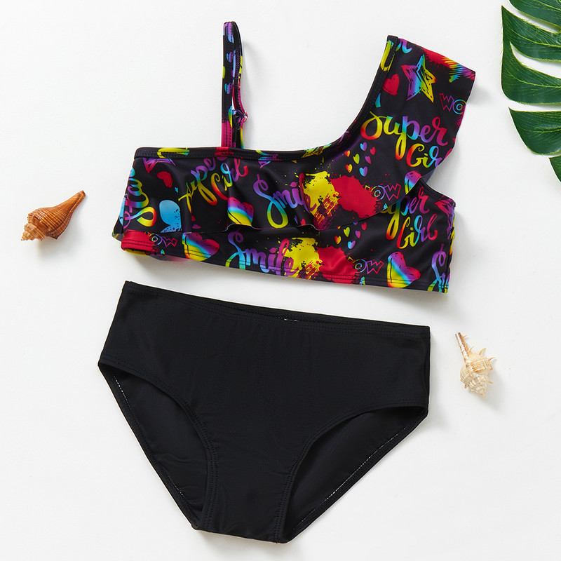 Lányok fürdőruha 3~10Y Lányok fürdőruha Kétrészes gyerek bikini szett Fodor stílusú Gyermek fürdőruha Gyerek fürdőruha
