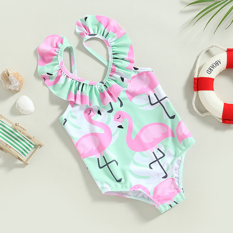 1-6Y Kids Girl fürdőruhák Flamingo Print Backless Fly Sleeve Jumpsuit Fürdőruha Strandruha Fürdőruhák Lányok Úszóruhák