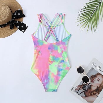 7-14 години Tie Dye Girls One Piece Swimsuit Kids Criss Cross Детски бански костюм с висока изрезка Монокини 2022 Плажно облекло