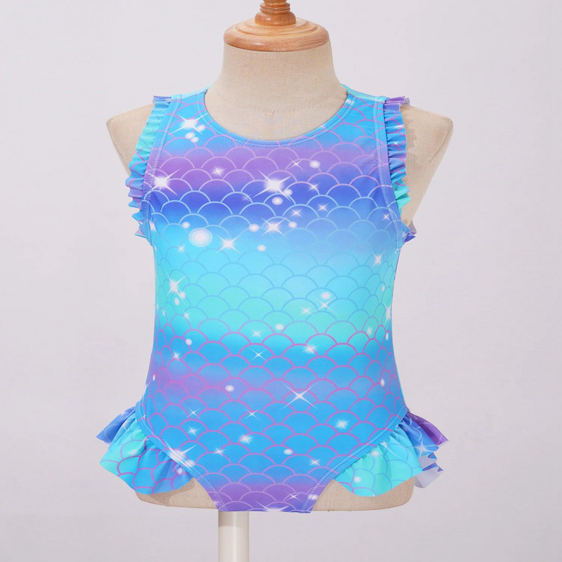 Gyerek lányok sellő fürdőruha Ujjatlan hal pikkelyek Nyomtatott Fodor Flounce Jumpsuit fürdőruha Pool Beach Sportos fürdőruha
