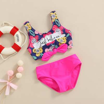 Set de bikini pentru fete Tregren 2-6 ani Costum de baie cu papion cu litere florale cu imprimeu de vară Costume de baie pentru copii mici Costume de plajă