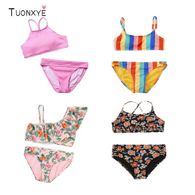 TUONXYE Costume de baie pentru fete Costume de baie Ținute Crop Top cu umăr dezactivat Set slip cu imprimeu floral Bikini pentru copii Costume de plajă