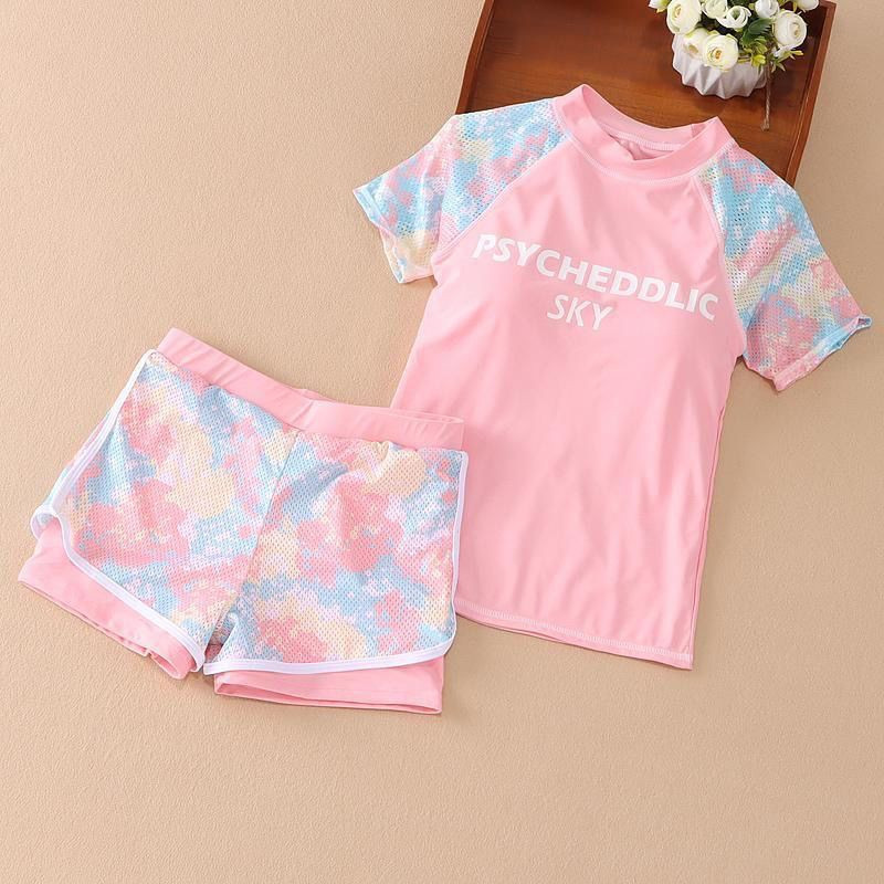 1 szett gyerek fürdőruha lányoknak divatos sport rózsaszín kék színű fürdőruha szett gyerekeknek lányoknak puha nyári utazási strandruhák