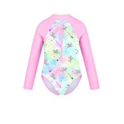 Laste tüdrukute ühes tükis ujumistrikoo Rash Guard rannariided pikkade varrukatega lilledega trükitud lukuga ujumisriided laste ujumiskostüüm