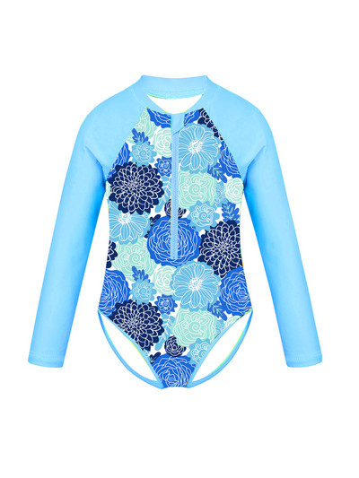 Laste tüdrukute ühes tükis ujumistrikoo Rash Guard rannariided pikkade varrukatega lilledega trükitud lukuga ujumisriided laste ujumiskostüüm
