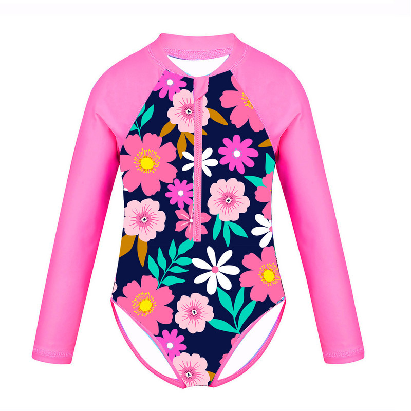 Gyerek lányok egyrészes fürdőruha Rash Guard strandruha, hosszú ujjú virágmintás, cipzáras fürdőruha Gyermek fürdőruha