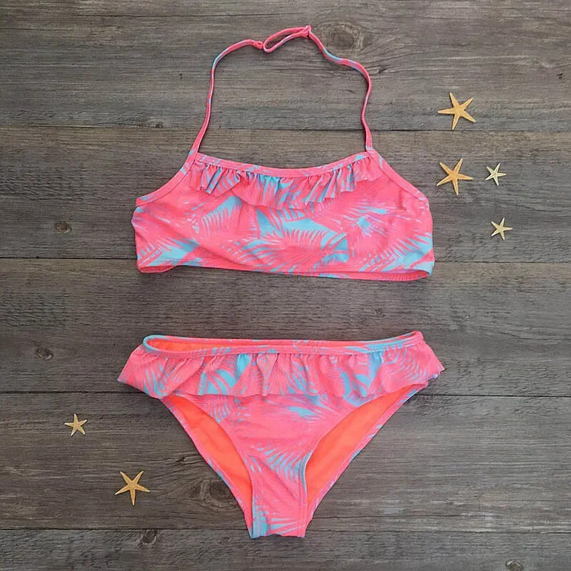 Детски бански костюм от две части Бебешки плажни бански костюми за момичета Леопардови бански костюми с пеперуда Изработени от спандекс Детски бански костюми за момичета Бикини