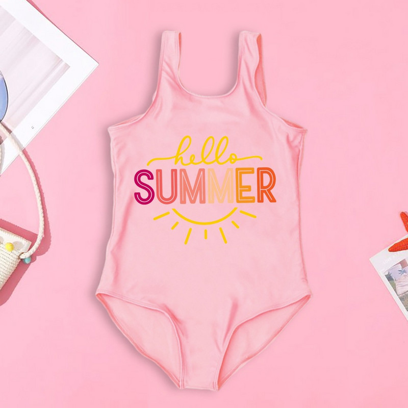 Lányok Hello Nyár Nyári Nyomtatott Gyerek Fürdőruha Nyári Strand fürdőruha Vicces fürdőruhák Nyaralás Ruhák Kreatív Lány Úszóruha