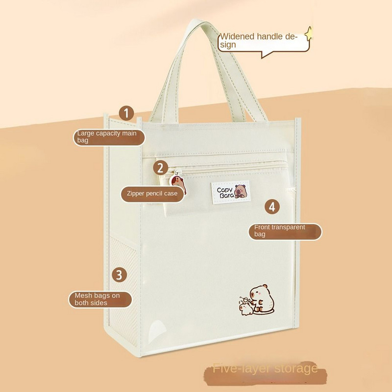 Oldalsó hálós zsebes iskolatáska ceruzatáskával Nagy kapacitású művészeti tárolótáska Capybara Panda válaszfaltároló A4-es irattáska