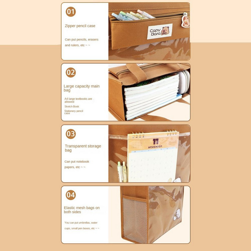Oldalsó hálós zsebes iskolatáska ceruzatáskával Nagy kapacitású művészeti tárolótáska Capybara Panda válaszfaltároló A4-es irattáska