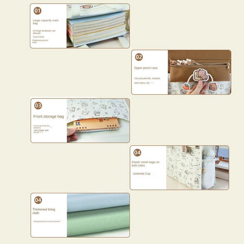 5 rétegű hordtáska iskolatáska Capybara Panda nagy kapacitású művészeti tárolótáska 20 könyv tárolására, oldalhálós zseb A4-es irattáska