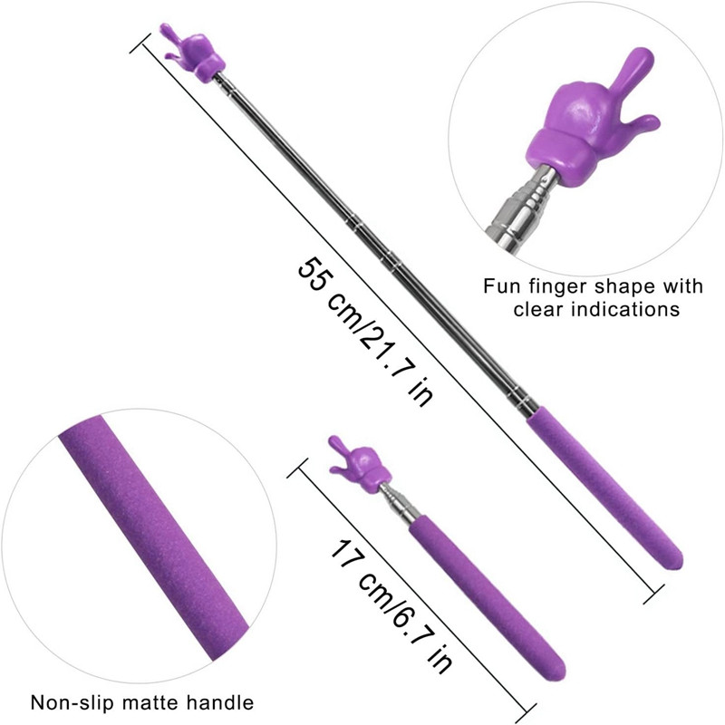 Ištraukiamas mokytojo rodyklės piršto dizainas, nerūdijančio plieno teleskopinis strypas, lenta, mokyklos mokomoji lazdelė, skaitymo lazdelė