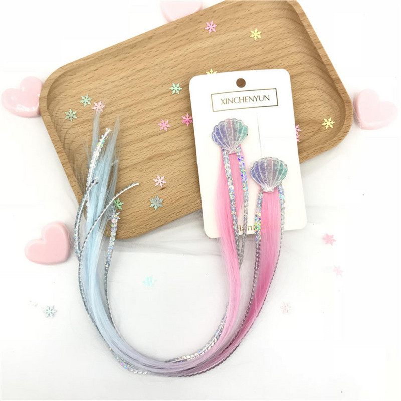 Peruci sirene pentru fete Agrafe coada de cal Copii Curcubeu Cochilie Clip de par Extensie de par Peruca colorata Twist Braider Accesoriu de par 2BUC