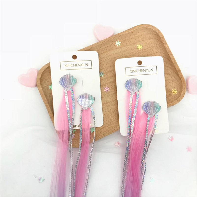 Peruci sirene pentru fete Agrafe coada de cal Copii Curcubeu Cochilie Clip de par Extensie de par Peruca colorata Twist Braider Accesoriu de par 2BUC