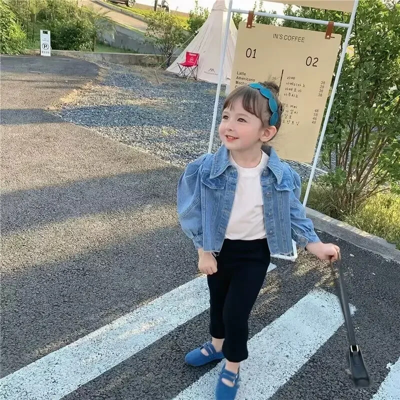 Gyermek farmer dzsekik teljes ujjú puff hosszú felsők Baba lány tavaszi őszi divat Kabátok Dzsekik ruházat 2 3 4 5 6 Gyermekek