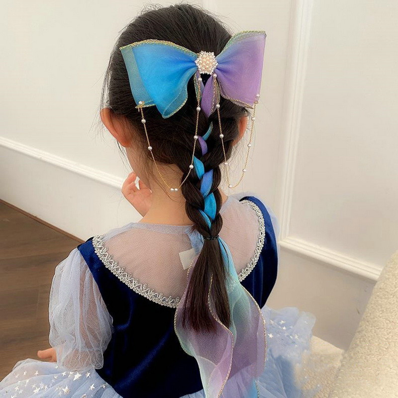 Princess hosszú csípős hajkapcsok Elegáns Gyerek Hajtűk Színes Fonal masni Gyöngy Bojtok Fejfedők Sweet Girls Hajkiegészítők