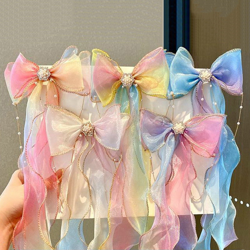 Princess hosszú csípős hajkapcsok Elegáns Gyerek Hajtűk Színes Fonal masni Gyöngy Bojtok Fejfedők Sweet Girls Hajkiegészítők