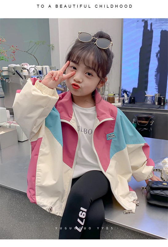 Új színblokkoló dzsekik tavaszi lányok divat vékony kabátok őszi gyerekruhák nagy gyerekek alkalmi cipzáros felsőruházat 2-10 éves korig