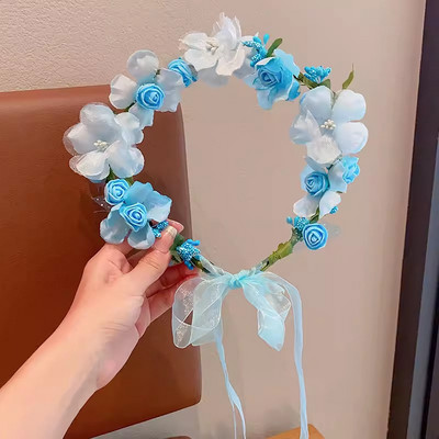 Pērļu ziedu matu lentes Galvas lente meitenēm Bērniem Eleganta kāzu dzimšanas diena Ziedu matu stīpa Garlandes vainaga galvassega Rokas lente