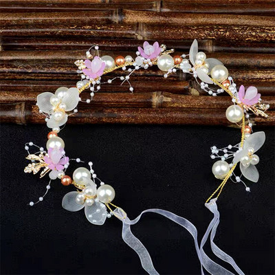 Pērļu ziedu matu lentes Galvas lente meitenēm Bērniem Eleganta kāzu dzimšanas diena Ziedu matu stīpa Garlandes vainaga galvassega Rokas lente