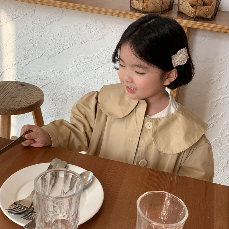 8575 Gyermek széldzseki kabát 2024 tavaszi őszi koreai hajtóka, kislány dzseki, egysoros hosszú kabát Trench