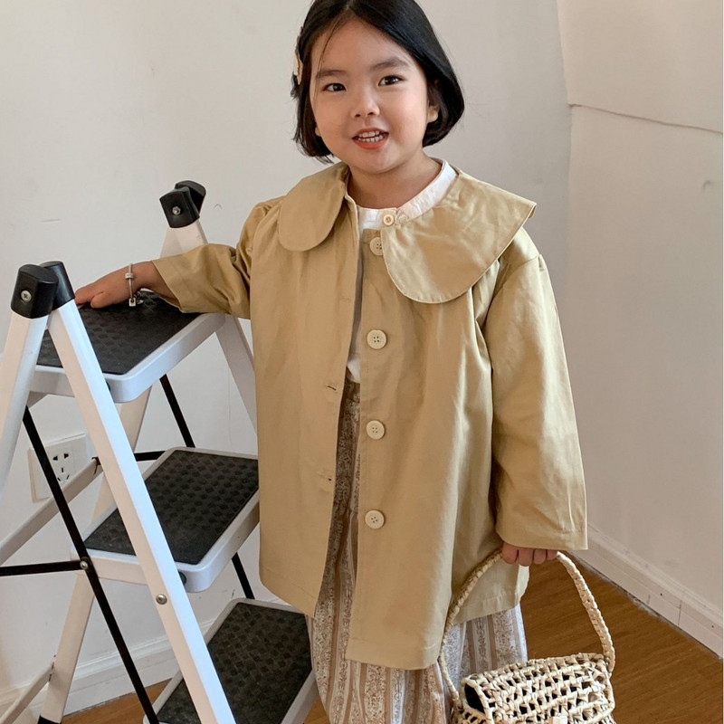 8575 Gyermek széldzseki kabát 2024 tavaszi őszi koreai hajtóka, kislány dzseki, egysoros hosszú kabát Trench
