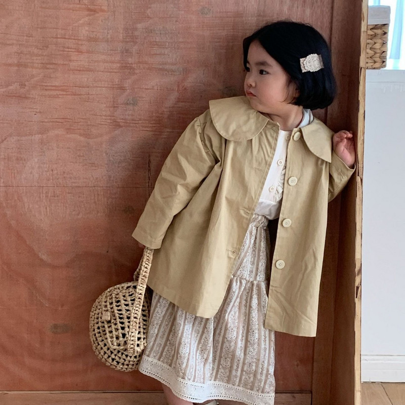 8575 Gyermek széldzseki kabát 2024 tavaszi őszi koreai hajtóka, kislány dzseki, egysoros hosszú kabát Trench