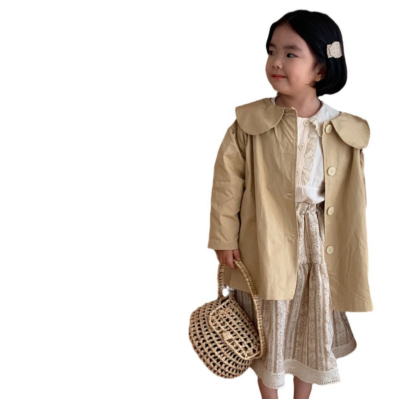 8575 Gyermek széldzseki kabát 2024 tavaszi őszi koreai hajtóka, kislány dzseki, egysoros hosszú kabát Trench