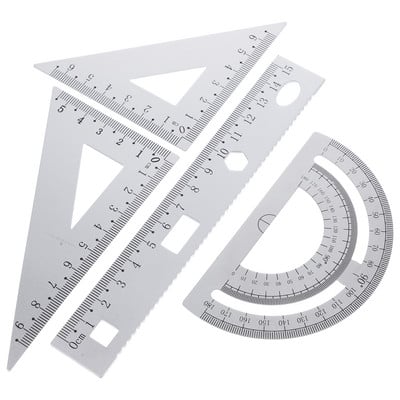 1 σετ 4 τμχ Μεταλλικός χάρακας DIY Χάρακας γραφείου Σετ γραφικής ύλης Τριγωνική πλάκα μοιρογνωμόνιο Δοκιμαστικός χάρακας για μαθητές Μαθητές Ασημί