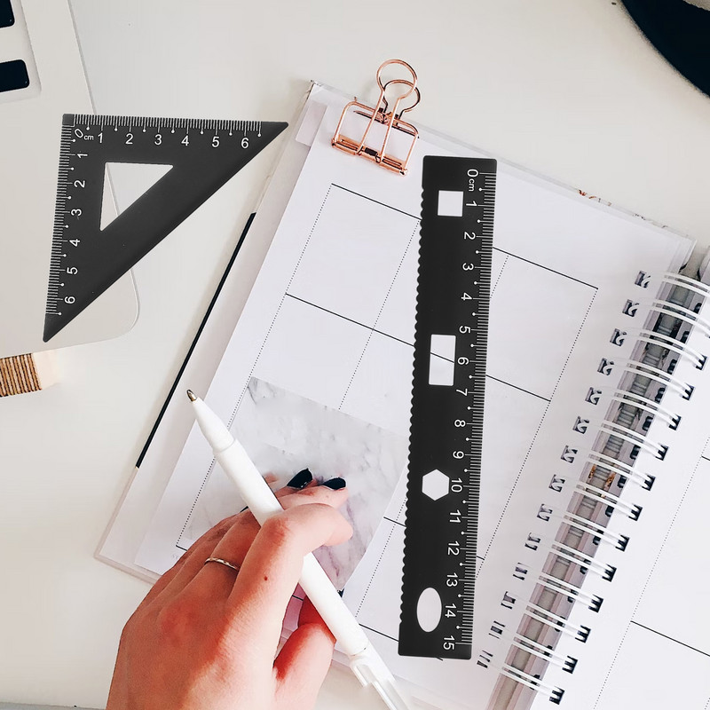 1 4 GAB DIY metāla lineālu komplekts Biroja lineāla kancelejas piederumu komplekts Trīsstūrveida plākšņu transportiera testēšanas lineāls skolēniem, studentiem sudraba krāsā