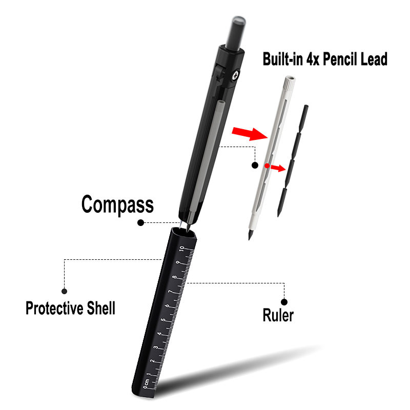 Daudzfunkcionāls kompass lineāls ar aizsargapvalku zīmuli, mākslas dizaina zīmēšanas rīks Biroja skolas studentu rakstīšanas rakstāmpiederumi