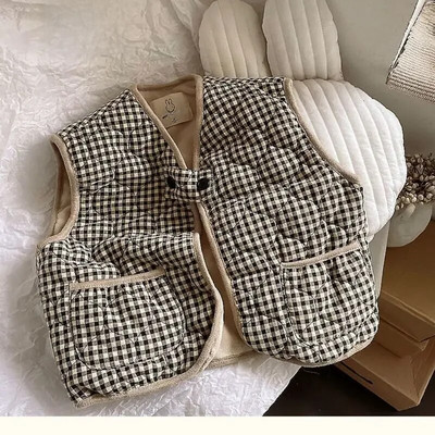 Елегантна черна карирана жилетка с подплата за мъже, жени, деца 2024 г. Есен/зима, сезонно облекло, жилетка със средна дължина