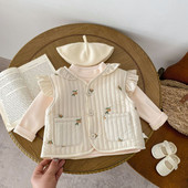 Zima 2023., prošiveni topli prsluk za djevojčice, kaput bez rukava s cvjetnim vezom, dječja podstava, prsluk od flisa