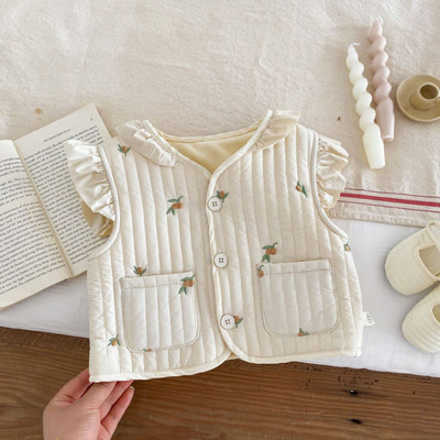 Zima 2023., prošiveni topli prsluk za djevojčice, kaput bez rukava s cvjetnim vezom, dječja podstava, prsluk od flisa