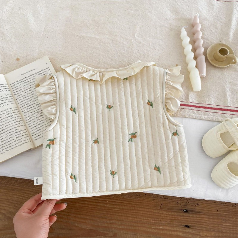 Zima 2023., prošiveni topli prsluk za djevojčice, kaput bez rukava s cvjetnim vezom, dječja podstava, prsluk od flisa