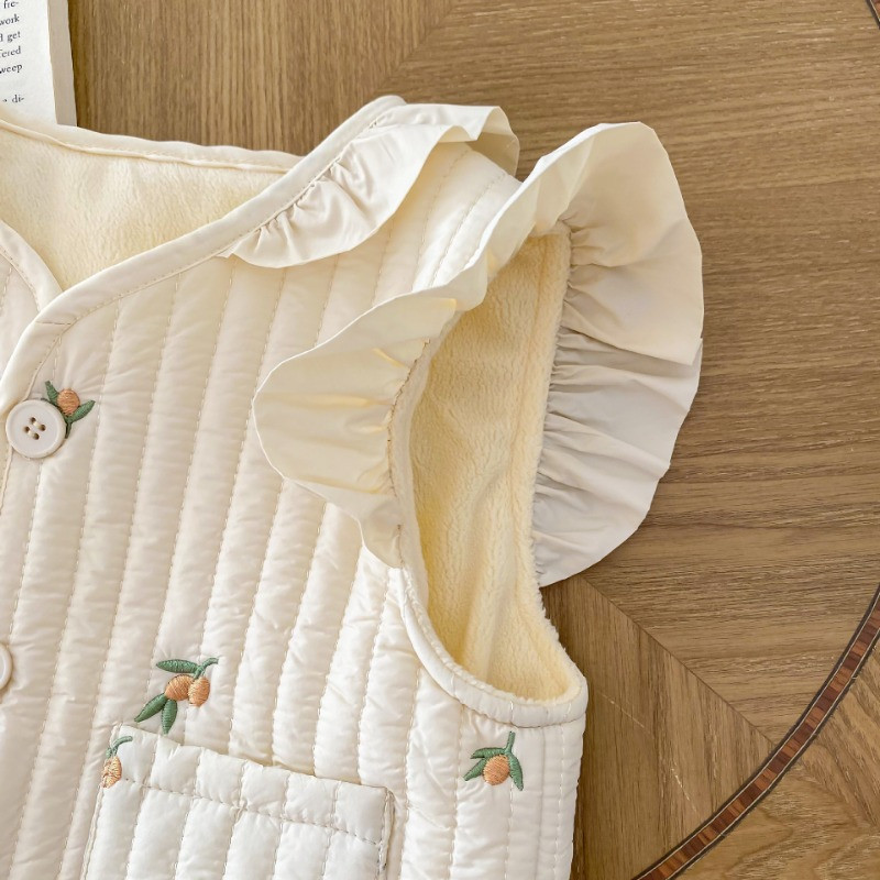 Zima 2023., prošiveni topli prsluk za djevojčice, kaput bez rukava s cvjetnim vezom, dječja podstava, prsluk od flisa