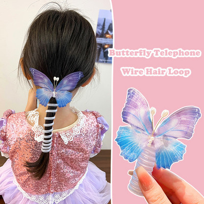 Моден плат Пеперуда Телефонна линия Пръстен за коса Цветни щипки за коса Конска опашка Гумени ленти за коса Аксесоари за коса Деца Момичета
