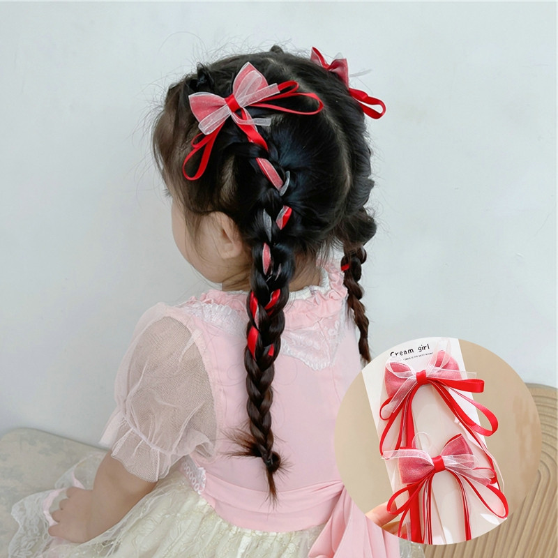 2024 Παιδικές φουρκέτες με μακριά κορδέλα με φιόγκο Νέα κορεάτικα γλυκά κοριτσάκια με φούντα κλιπ για τα μαλλιά Κομψά πλεκτά κλιπ μαλλιών Αξεσουάρ μαλλιών