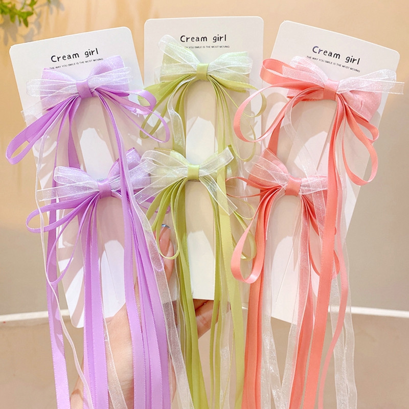 2024 Παιδικές φουρκέτες με μακριά κορδέλα με φιόγκο Νέα κορεάτικα γλυκά κοριτσάκια με φούντα κλιπ για τα μαλλιά Κομψά πλεκτά κλιπ μαλλιών Αξεσουάρ μαλλιών