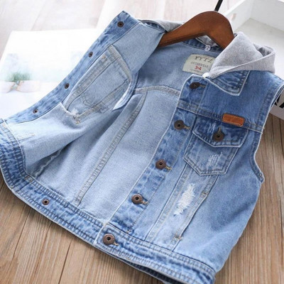 Kišenės be rankovių, viena krūtinė berniukų mergaičių liemenė madinga vaikiška džinsinė liemenė su gobtuvu Universali vaikiška talpykla 3–12 m.