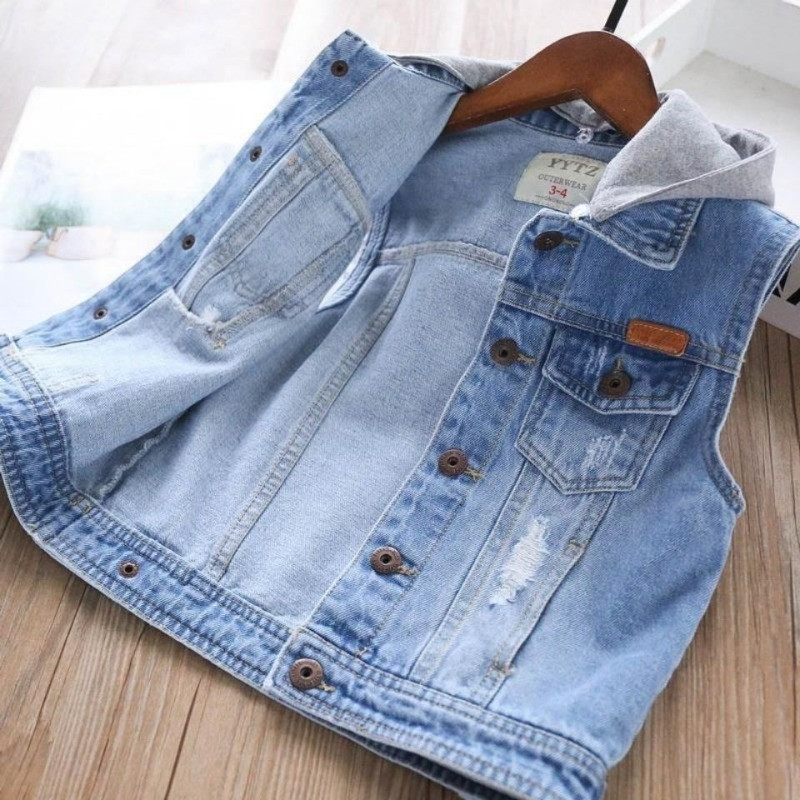 Kišenės be rankovių, viena krūtinė berniukų mergaičių liemenė madinga vaikiška džinsinė liemenė su gobtuvu Universali vaikiška talpykla 3–12 m.