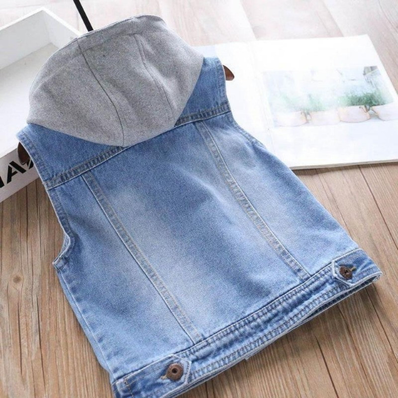 Kišenės be rankovių, viena krūtinė berniukų mergaičių liemenė madinga vaikiška džinsinė liemenė su gobtuvu Universali vaikiška talpykla 3–12 m.