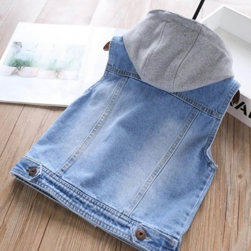Kišenės be rankovių, viena krūtinė berniukų mergaičių liemenė madinga vaikiška džinsinė liemenė su gobtuvu Universali vaikiška talpykla 3–12 m.